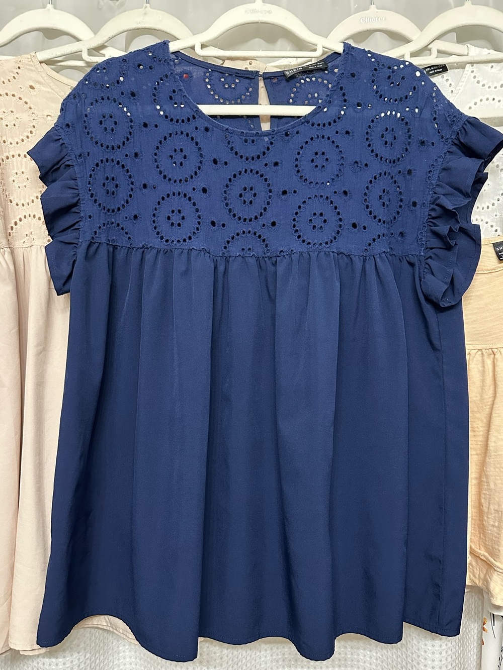 SHEIN Navy Blue Eyelet Peplum Flutter Sleeve Top